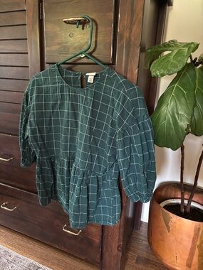 A New Day Windowpane Peplum Blouse Dark Teal